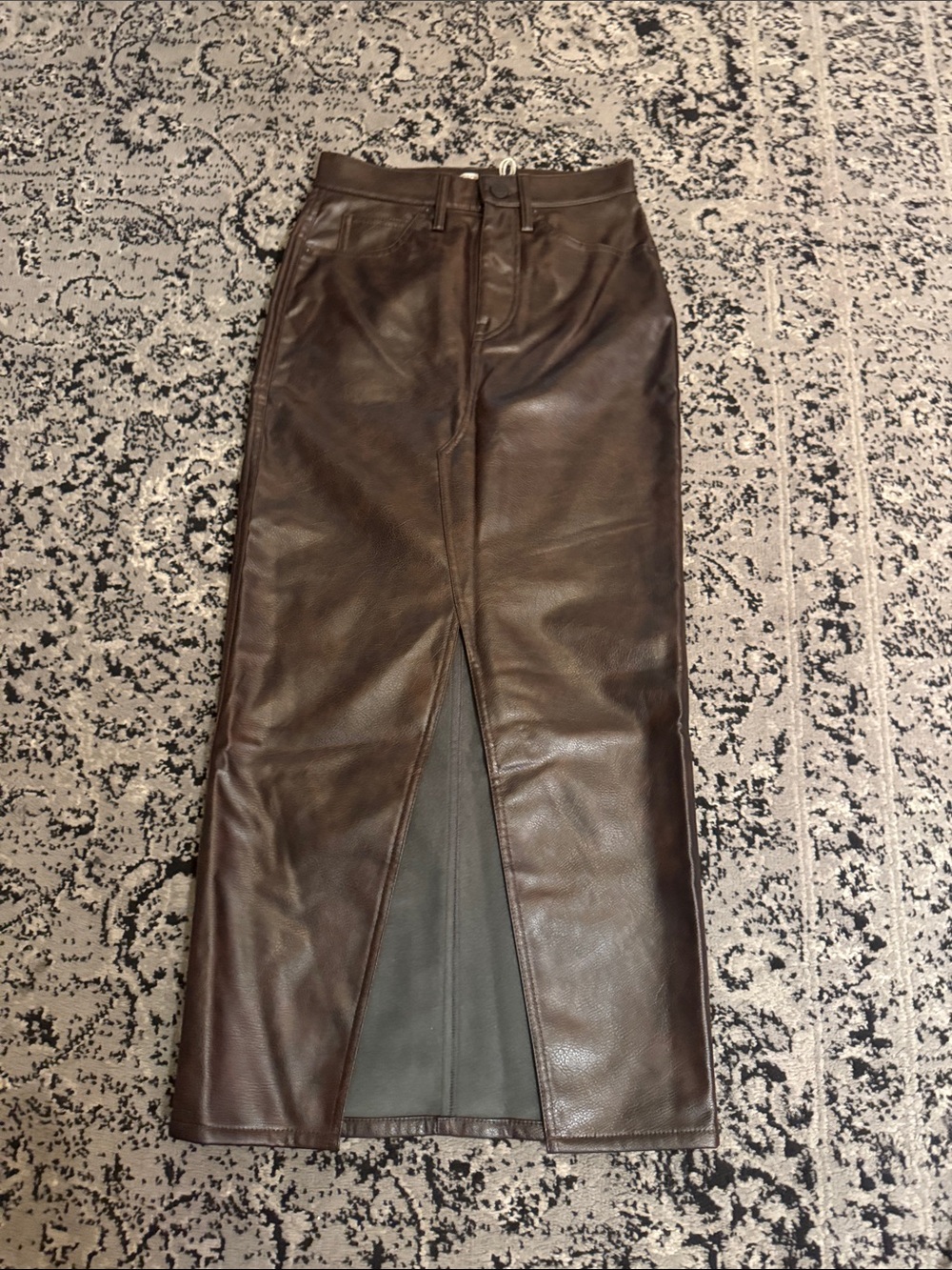 Dark Brown Faux Leather Pencil midi Skirt